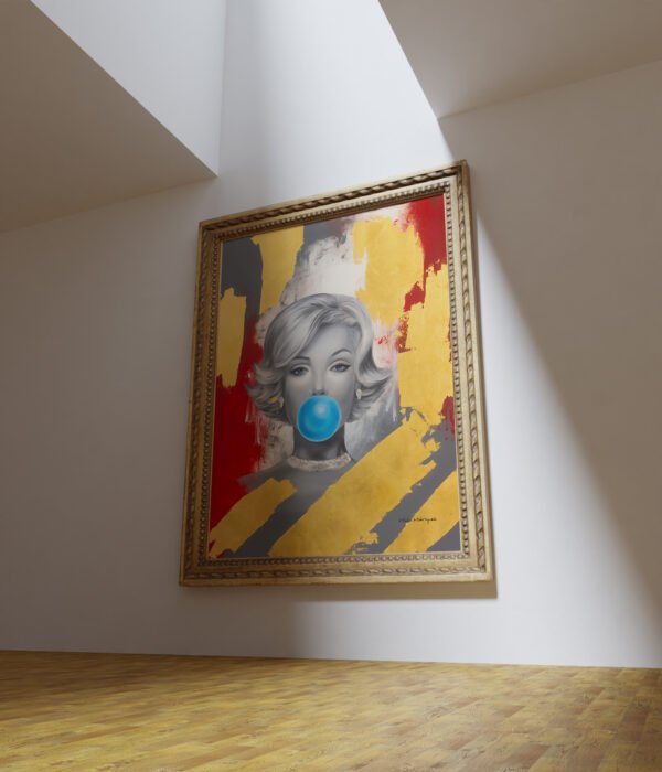 simple minimalist of a vintage wooden frame mockup hanging on th Marilyn Bubblegum - Printed Art