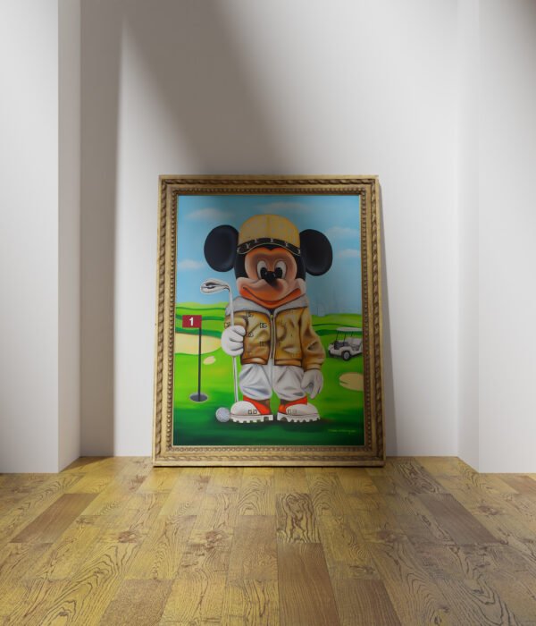 classic wooden frame mockup poster on the wooden floor Mickey Mouse Golfista - Printed Art