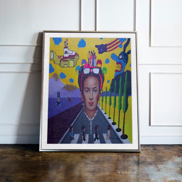 Picture frame mockup, woman painting leaning on white wall psd. Frida en el Submarino Amarillo - Printed Art